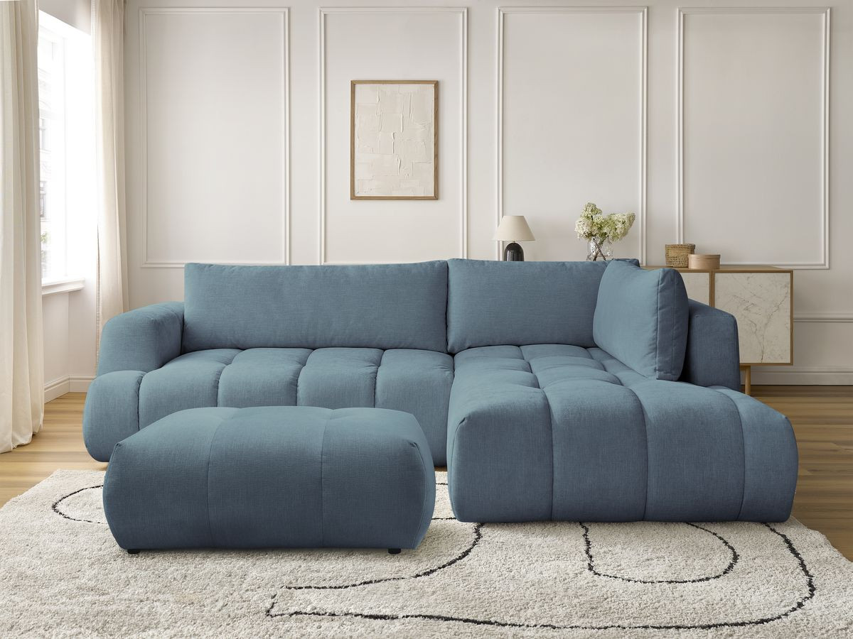 Bobochic Fuji Ecksofa mit Schlaffunktion und Bettkasten und Pouf 282 × 204 cm Stoff Hellblau Ecke rechts