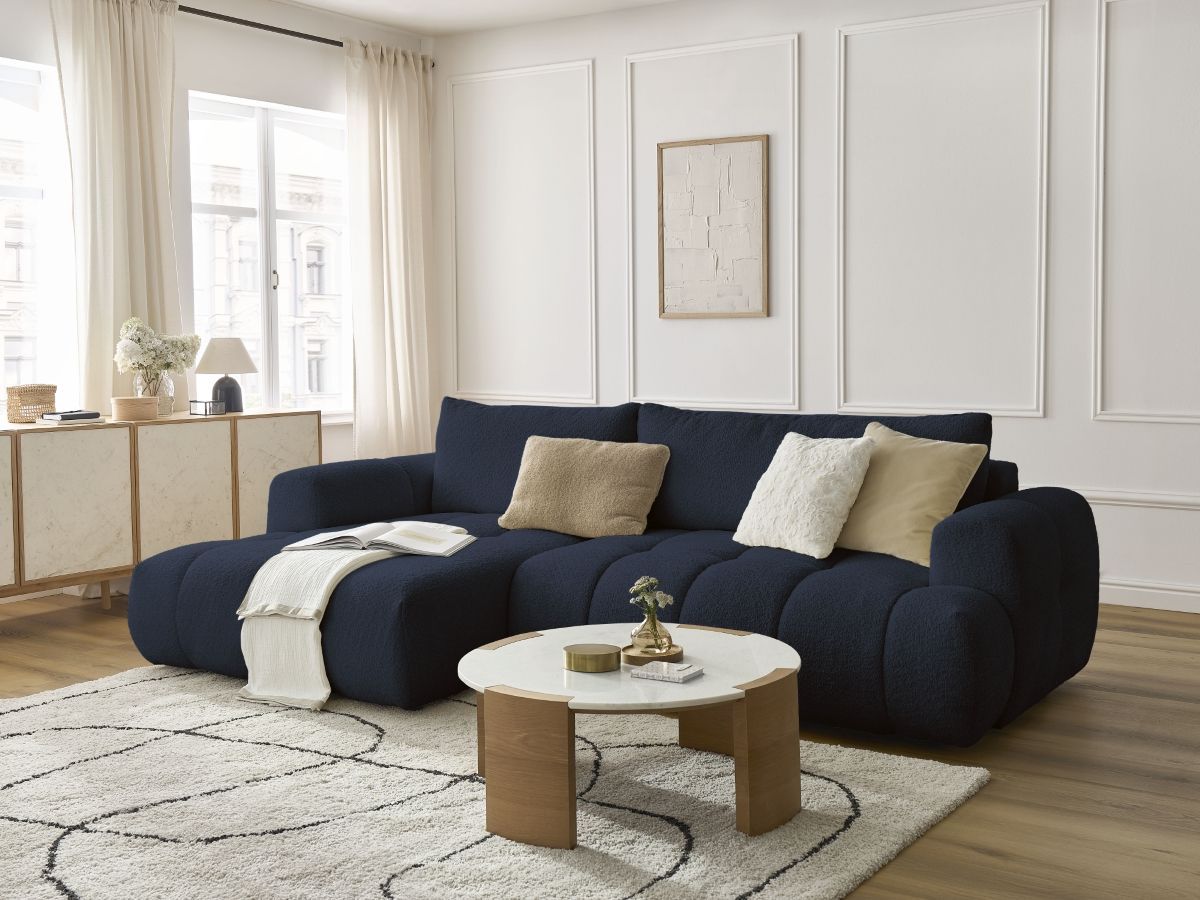 Bobochic Fuji Ecksofa mit Schlaffunktion und Bettkasten 292 × 160 cm Bouclé-Stoff Dunkelblau Ecke links