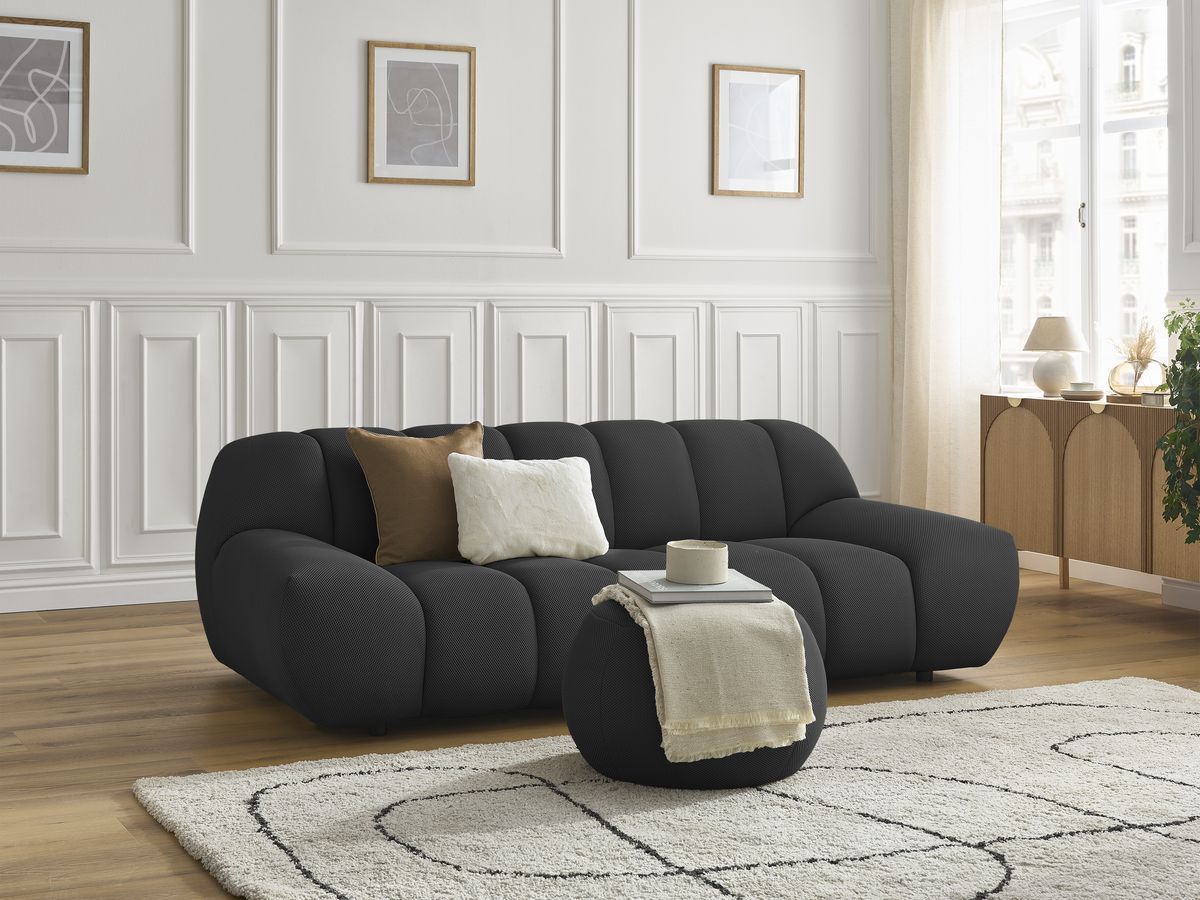 Bobochic Hayden Sofa 3-Sitzer mit Pouf 226 × 107 cm Mesh-Stoff Schwarz