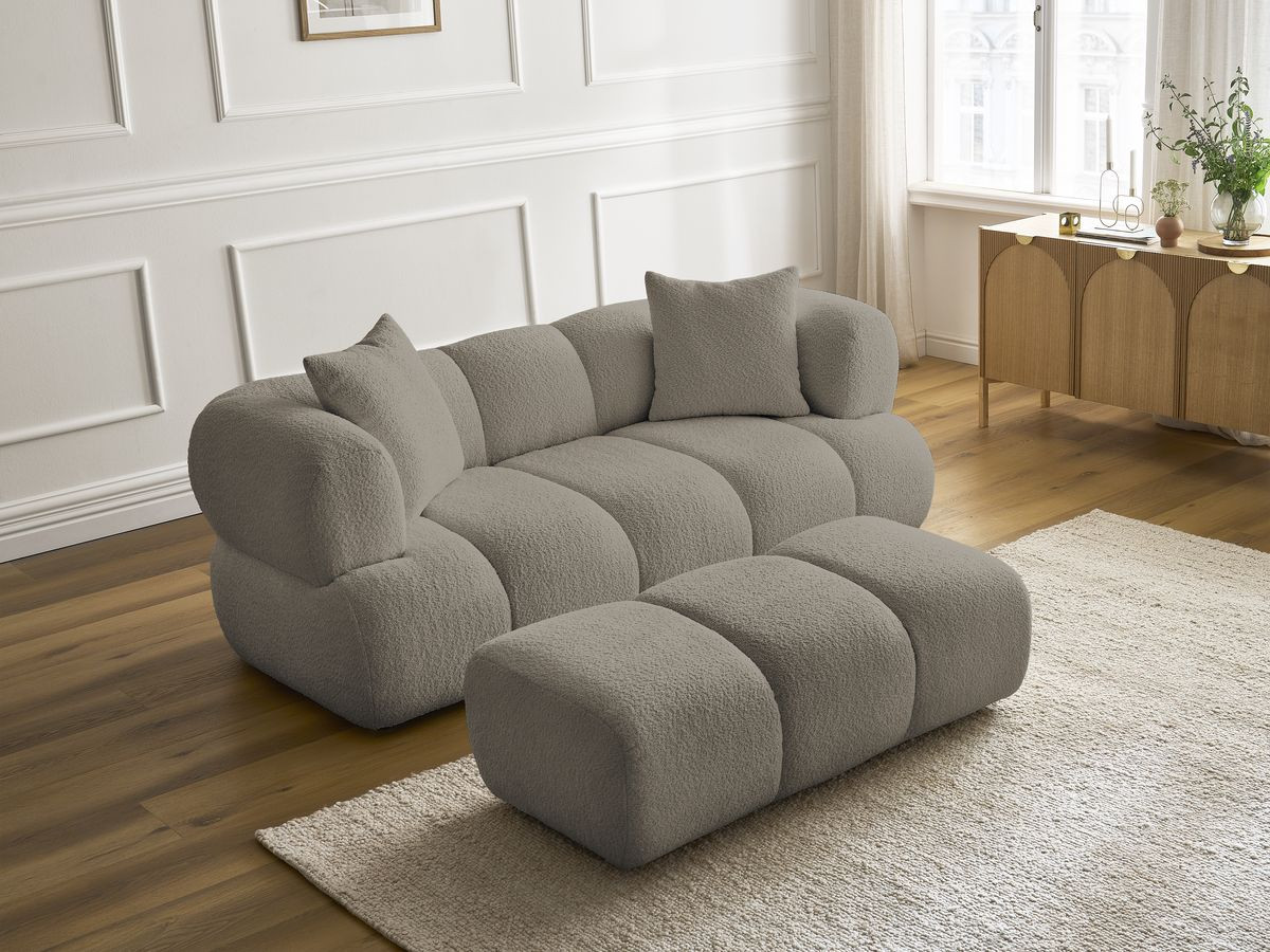 Bobochic Pamira Sofa 2-Sitzer mit Pouf Bouclé-Stoff Taupe