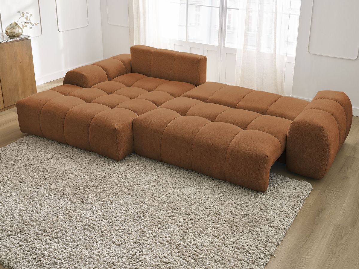 Bobochic Everest Ecksofa mit Schlaffunktion und Bettkasten 318 × 180 cm, 7 Kissen Melange-Stoff Orange Ecke links