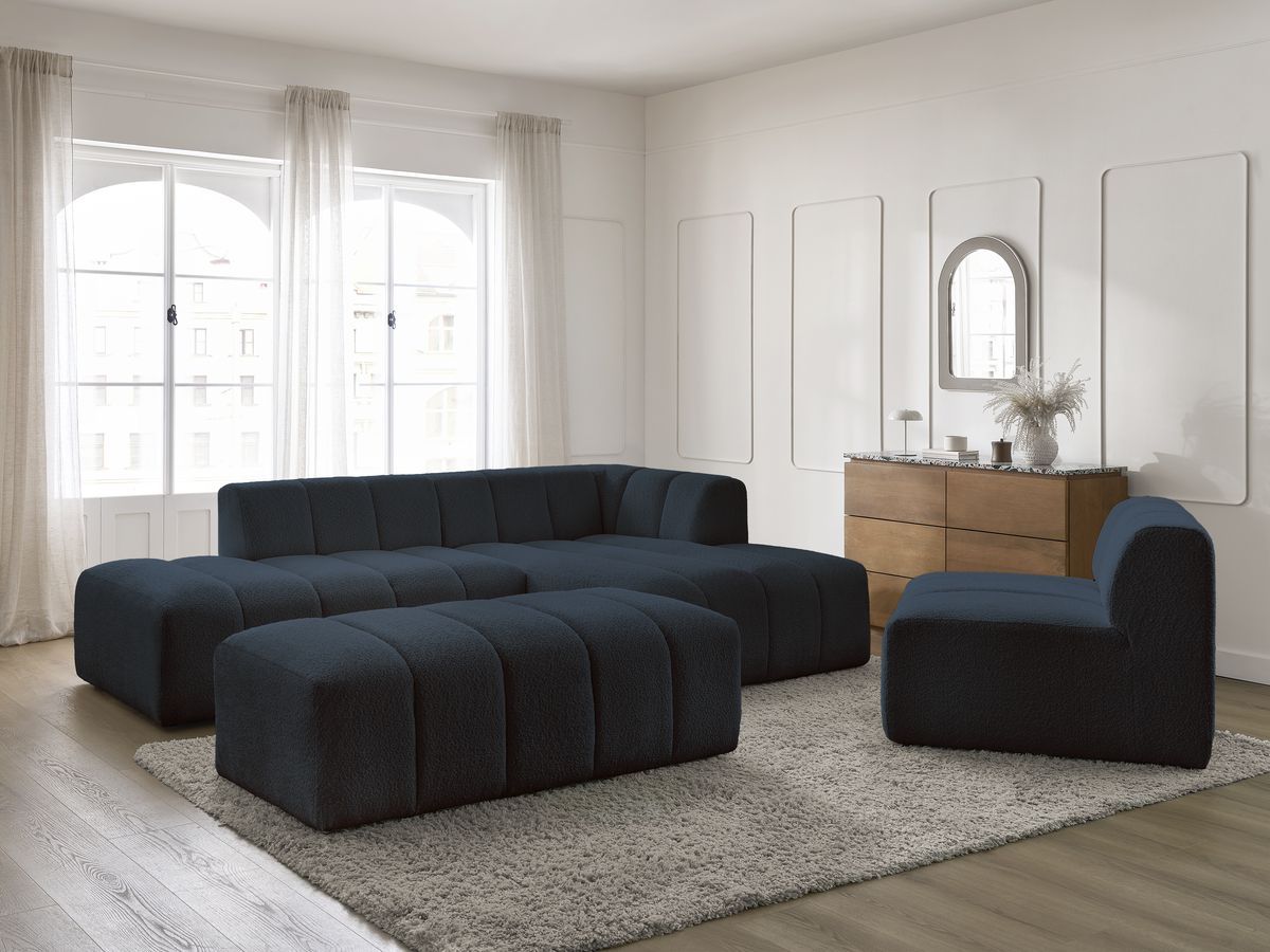 Bobochic Annecy Ecksofa mit Sofamodul und Pouf Bouclé-Stoff Dunkelblau Ecke rechts
