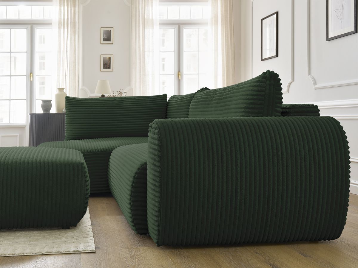 Bobochic Lucien Ecksofa mit Schlaffunktion und Bettkasten und Pouf 296 × 198 cm Breitcord weich Grün Ecke links