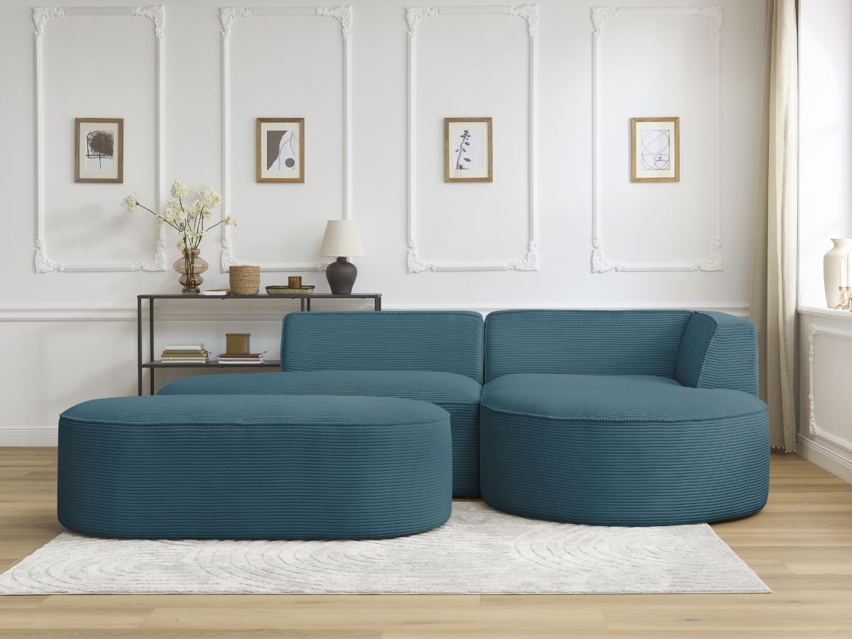 Bobochic Rousseau Ecksofa mit Pouf Cordsamt Dunkelblau Ecke rechts