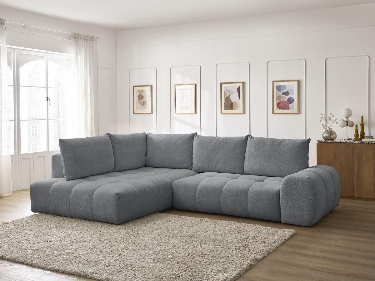 Bobochic Everest Ecksofa mit Schlaffunktion und Bettkasten 320 × 212 cm, 5 Kissen Melange-Stoff Dunkelgrau Ecke links