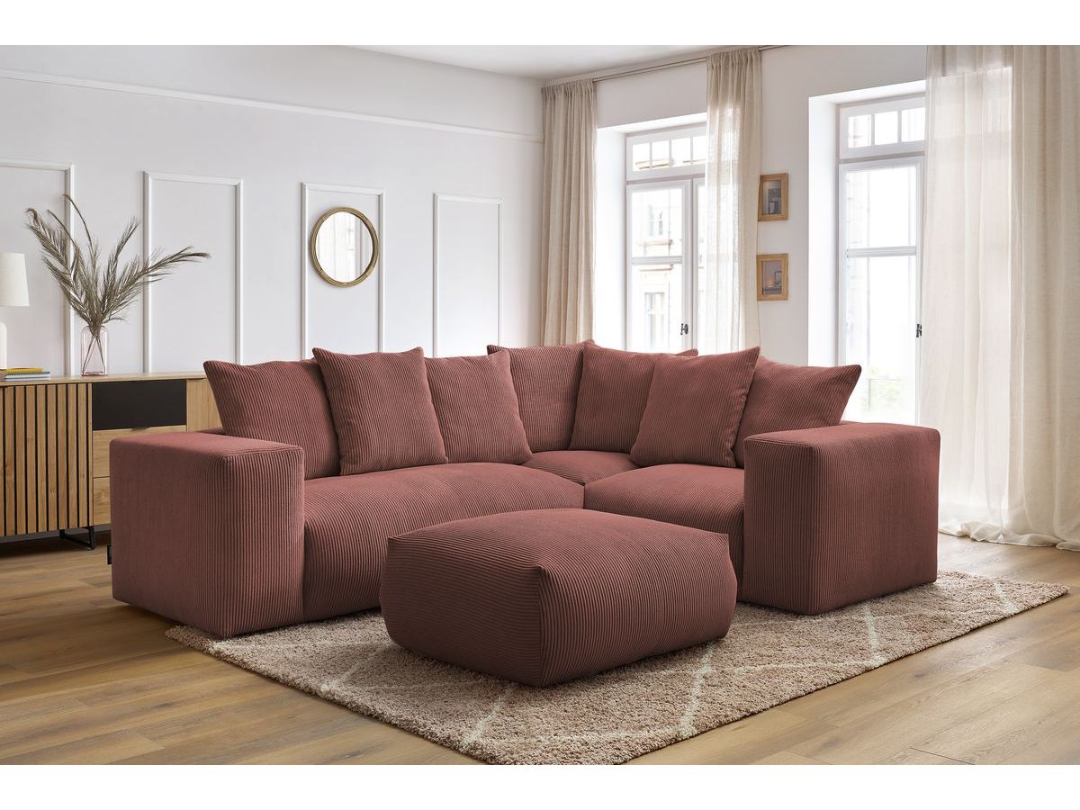 Bobochic Voltaire Ecksofa mit Pouf 268 × 214 cm Cordsamt Rosa Ecke rechts