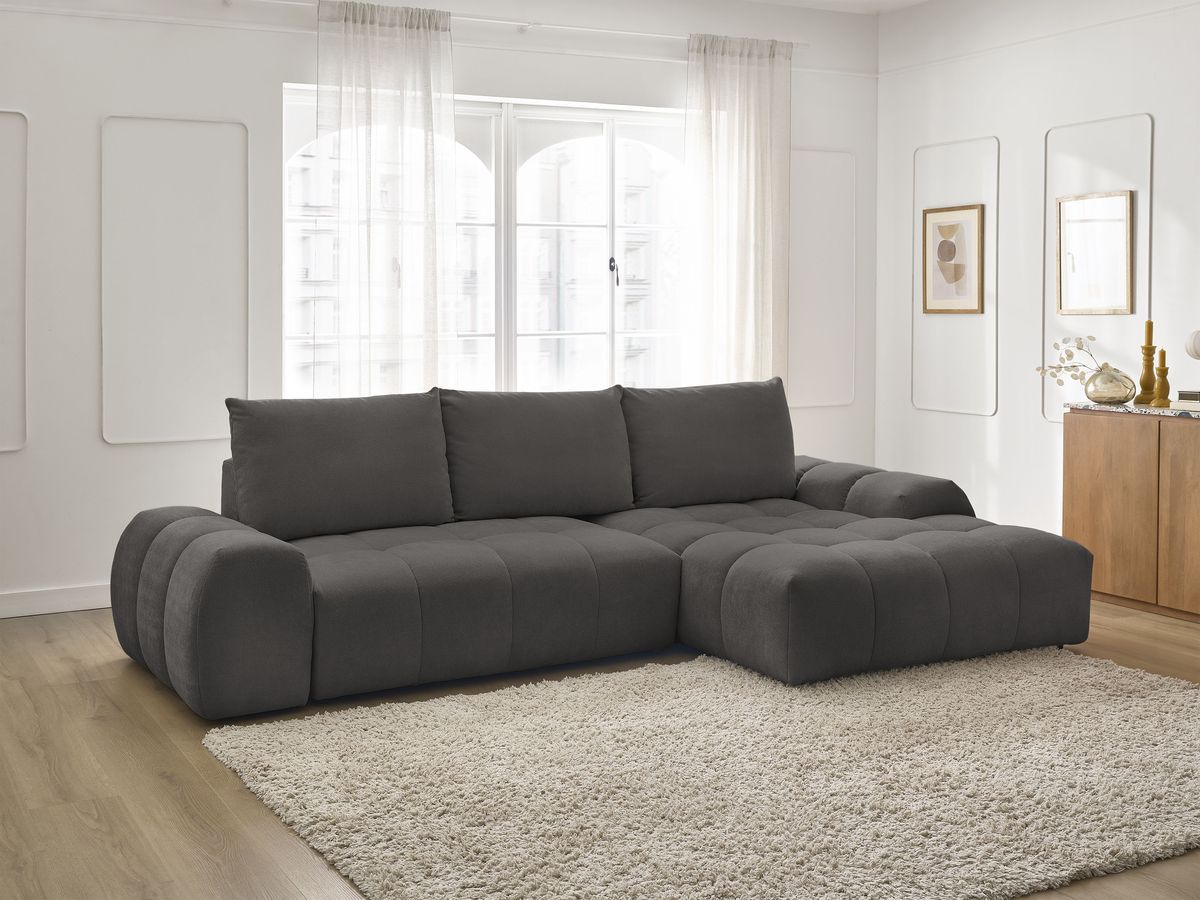 Bobochic Everest Ecksofa mit Schlaffunktion und Bettkasten 318 × 180 cm, 3 Kissen Strukturstoff Dunkelgrau Ecke rechts
