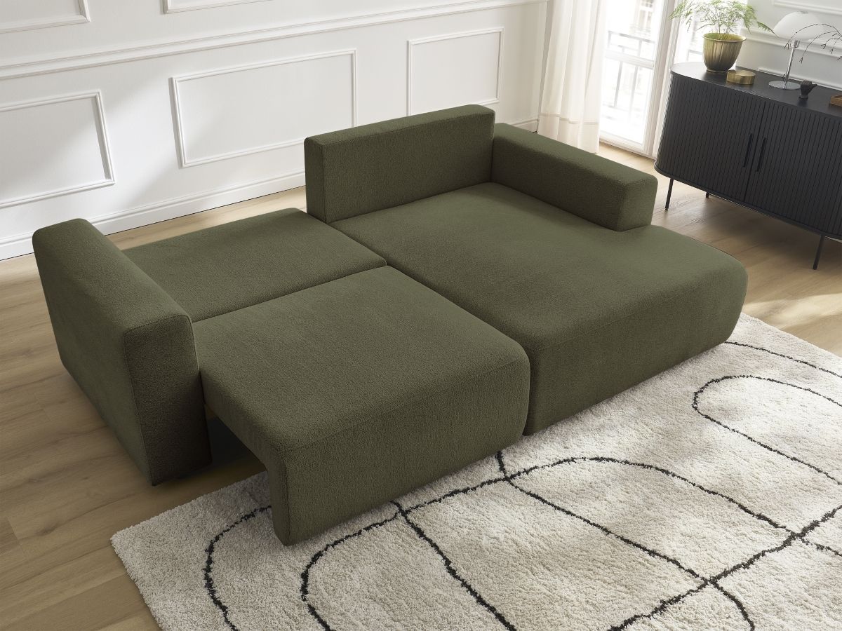 Bobochic Atilla Ecksofa mit Schlaffunktion und Bettkasten Melange-Stoff Grün Ecke rechts