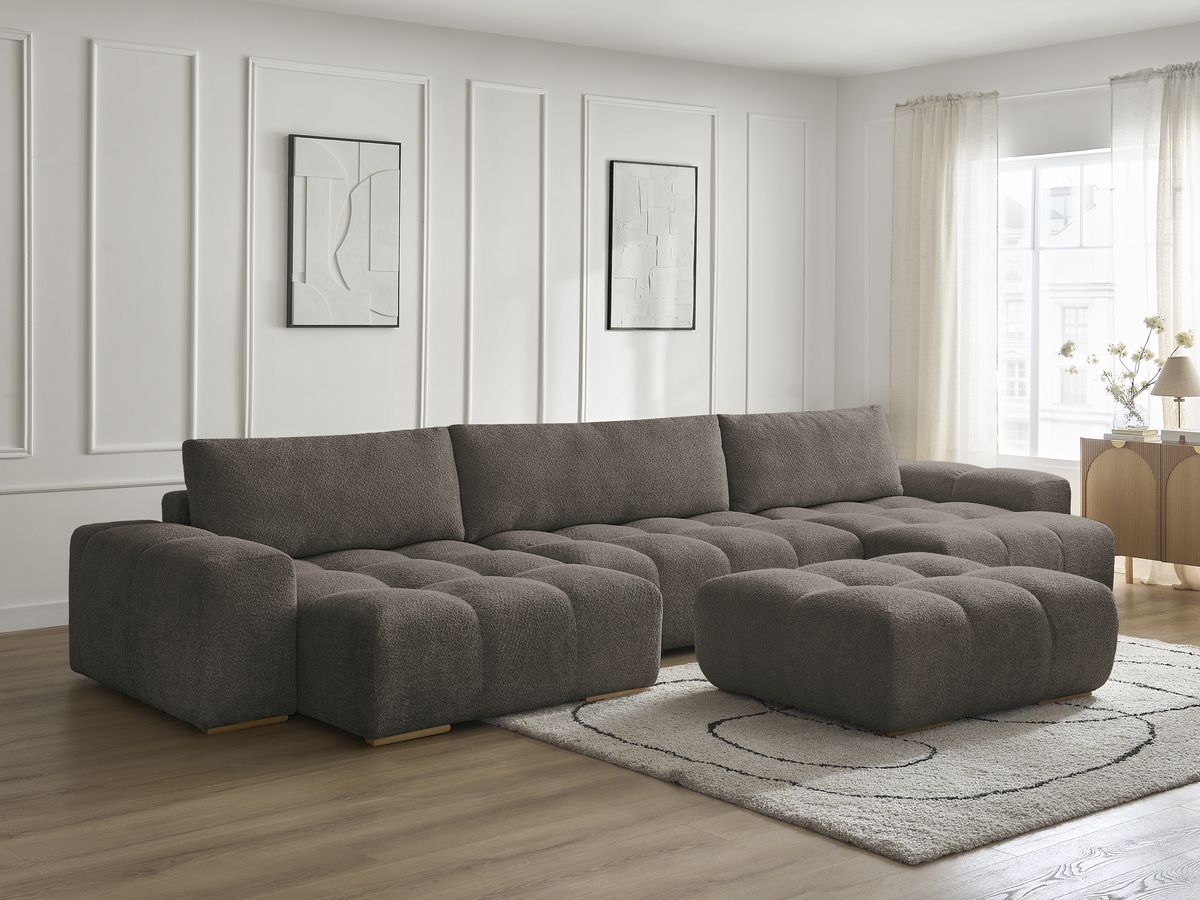 Bobochic Anakin Wohnlandschaft mit Pouf, Liegefläche 137 × 382 cm, 3 Kissen Bouclé-Stoff Braun
