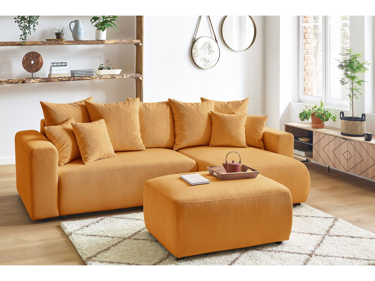 Bobochic Envy Ecksofa mit Schlaffunktion und Bettkasten und Pouf Cordsamt Gelb