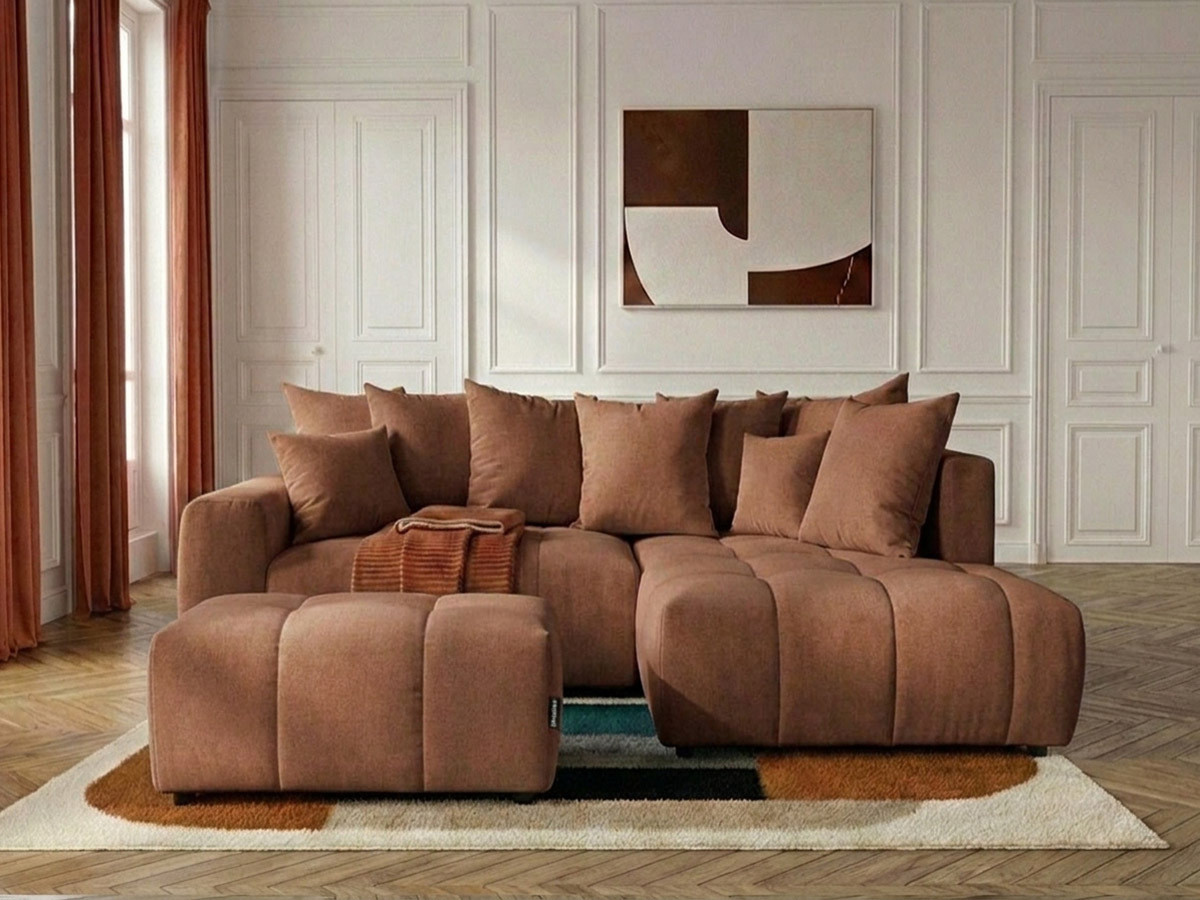 Bobochic Roxelane Ecksofa mit Schlaffunktion und Bettkasten und Pouf Melange-Stoff Orange Ecke rechts