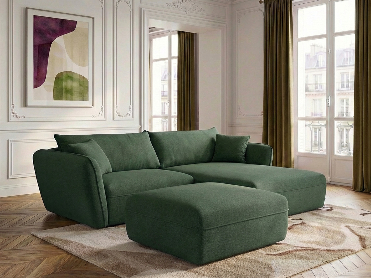 Bobochic Luigi Ecksofa mit Pouf Strukturstoff Grün Ecke rechts
