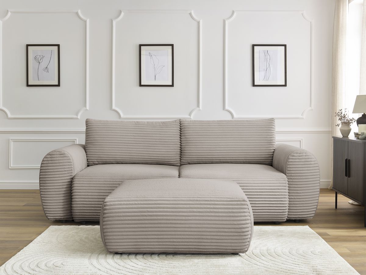 Bobochic Lucien Schlafsofa 4-Sitzer mit Bettkasten und Pouf Breitcord weich Taupe
