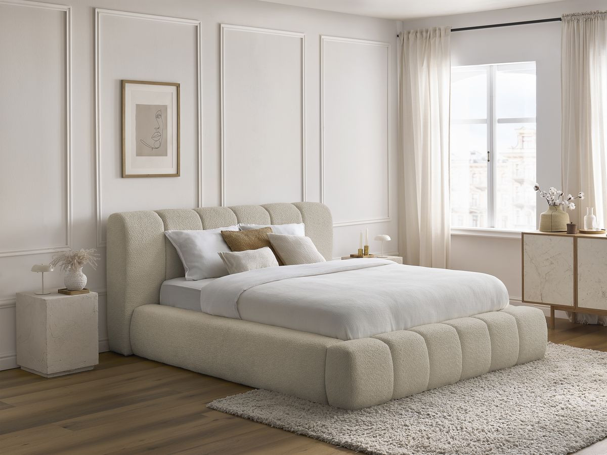 Bobochic Denali Polsterbett mit Bettkasten Bouclé-Stoff Beige, Liegefläche 140 × 190 cm