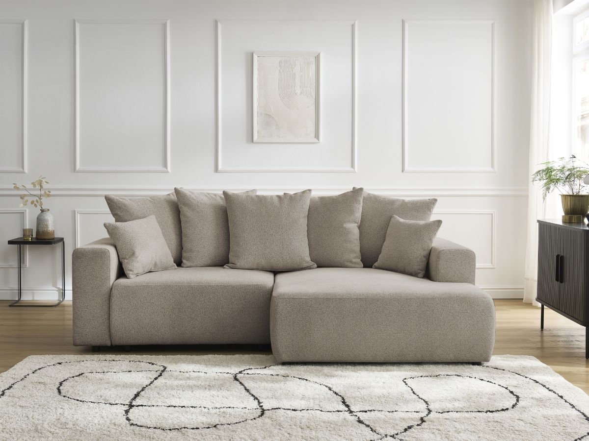 Bobochic Atilla Ecksofa mit Schlaffunktion und Bettkasten Melange-Stoff Taupe Ecke rechts