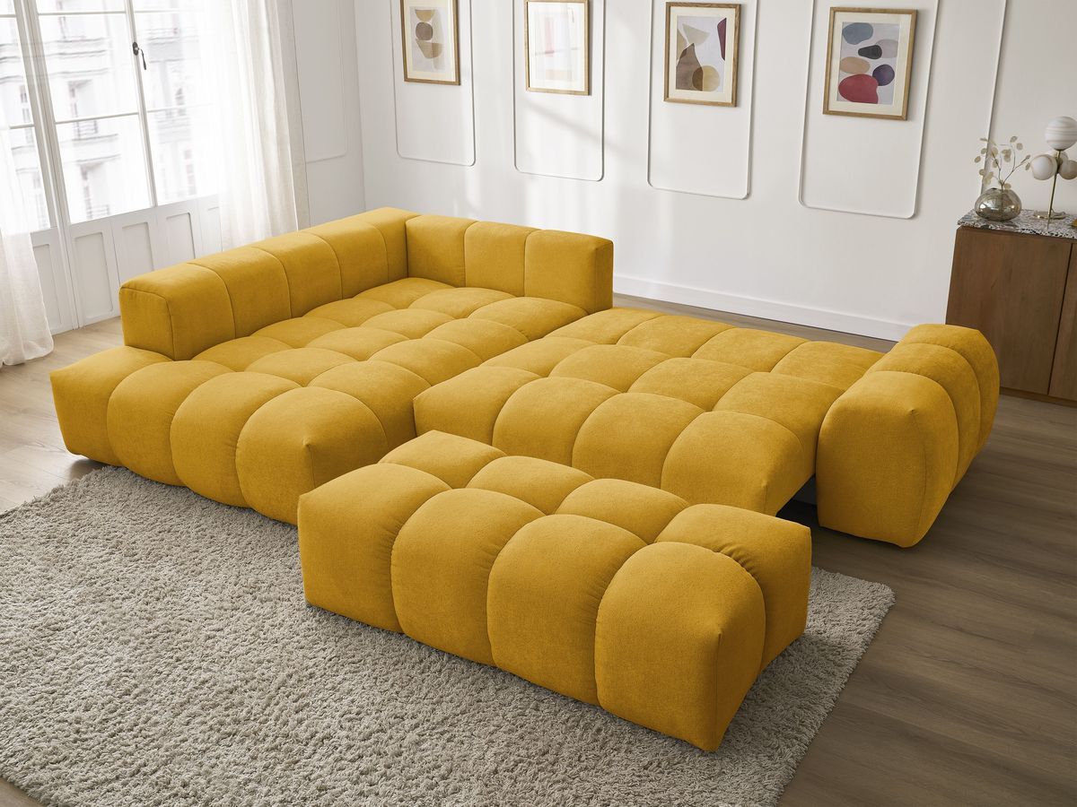 Bobochic Everest Ecksofa mit Schlaffunktion und Bettkasten und Pouf 320 × 212 cm, 10 Kissen Strukturstoff Gelb Ecke links