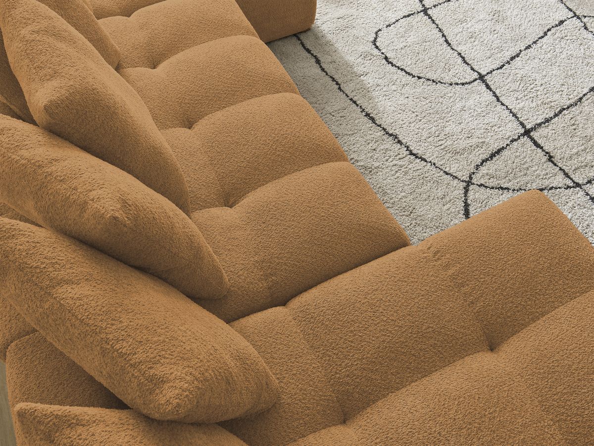 Bobochic Anakin Wohnlandschaft, Liegefläche 137 × 382 cm, 10 Kissen Bouclé-Stoff Gelb