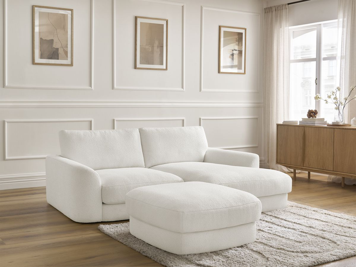 Bobochic Leonore Ecksofa mit Pouf Bouclé-Stoff Weiß Ecke rechts