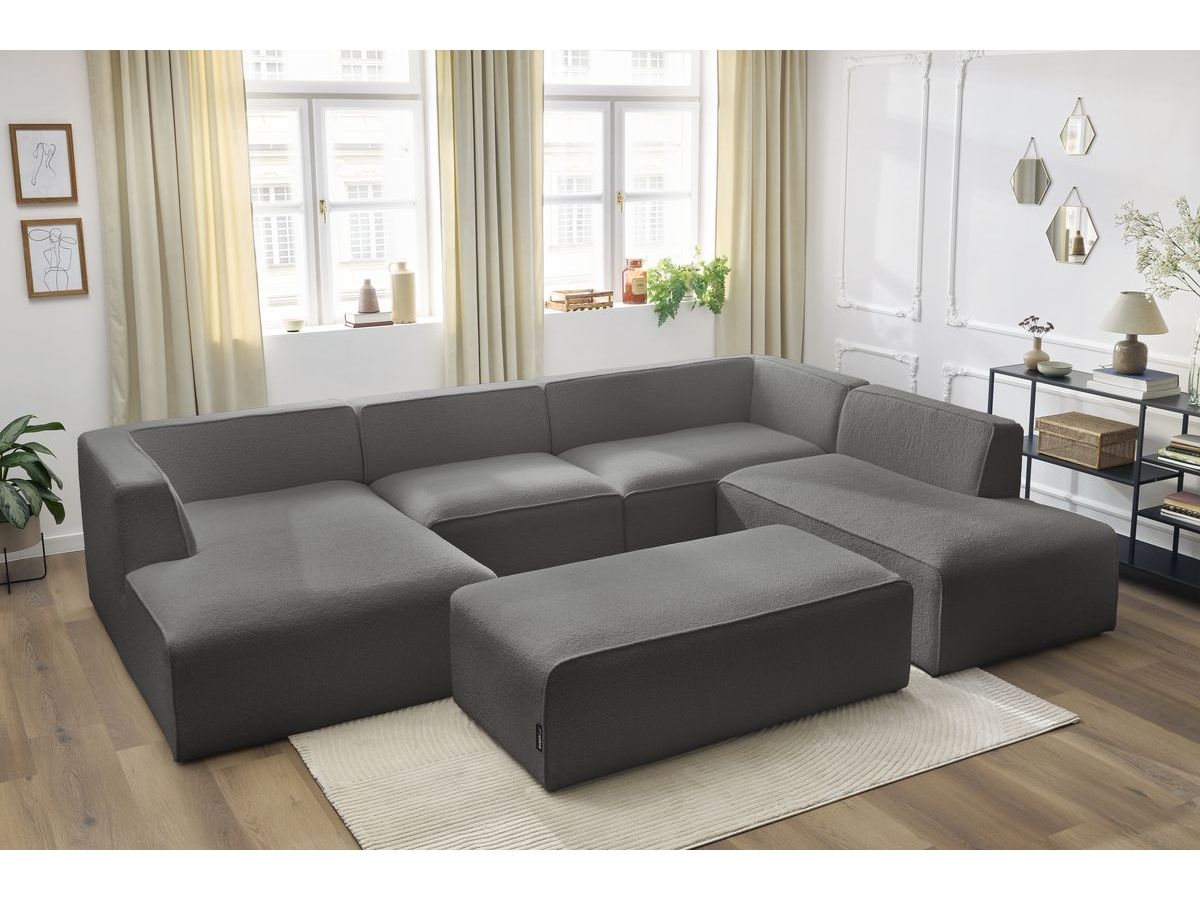 Bobochic Megeve Wohnlandschaft mit Pouf Bouclé-Stoff Dunkelgrau Ecke links