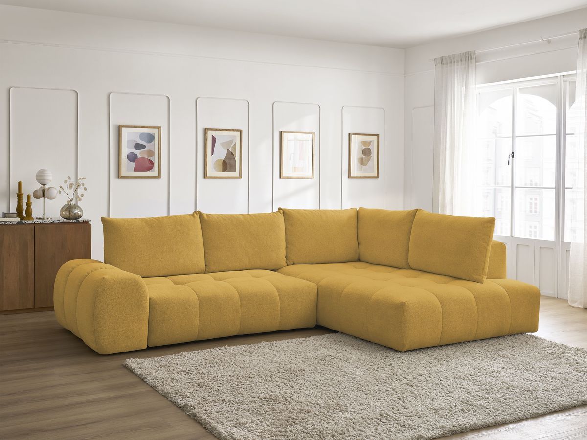 Bobochic Everest Ecksofa mit Schlaffunktion und Bettkasten 320 × 212 cm, 5 Kissen Melange-Stoff Gelb Ecke rechts