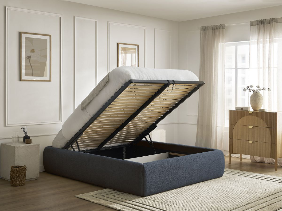 Bobochic Inera Bettgestell mit Bettkasten, ohne Kopfteil Bouclé-Stoff Blau, Liegefläche 140 × 190 cm