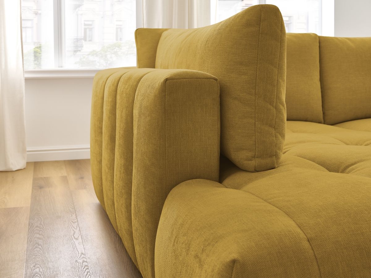 Bobochic Fuji Ecksofa mit Schlaffunktion und Bettkasten und Pouf 282 × 204 cm Stoff Gelb Ecke links