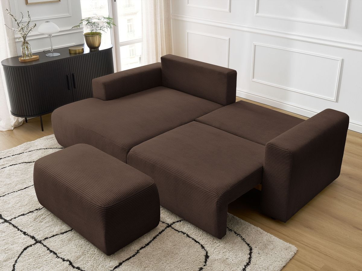 Bobochic Atilla Ecksofa mit Schlaffunktion und Bettkasten und Pouf Cordsamt Braun Ecke links