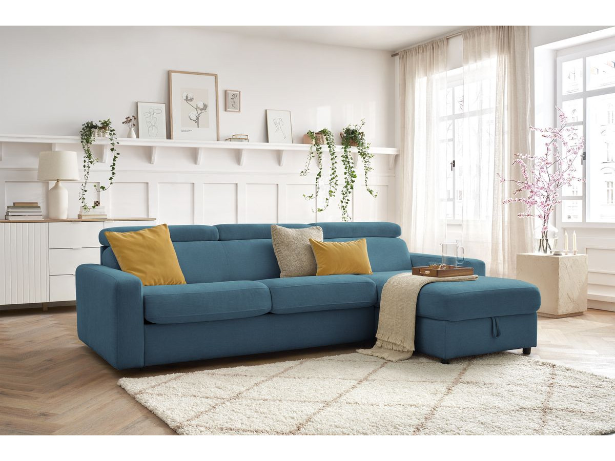 Bobochic Monaco Ecksofa mit Schlaffunktion und Bettkasten Stoff Hellblau, Liegefläche 160 × 190 cm