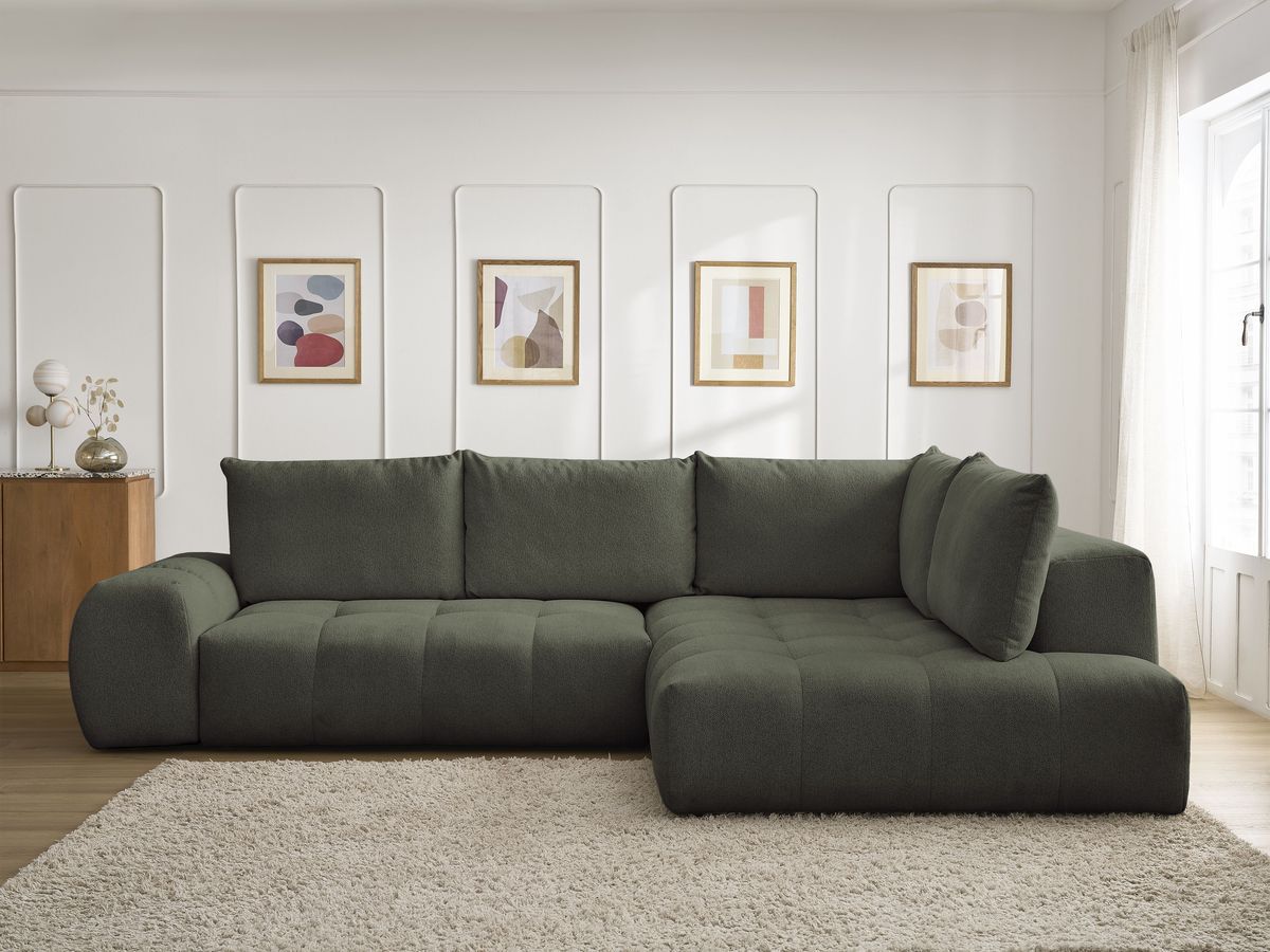 Bobochic Everest Ecksofa mit Schlaffunktion und Bettkasten 320 × 212 cm, 5 Kissen Melange-Stoff Grün Ecke rechts