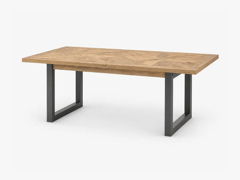 Rechteckiger Esstisch mit Holzplatte und dunklen Metallkufen