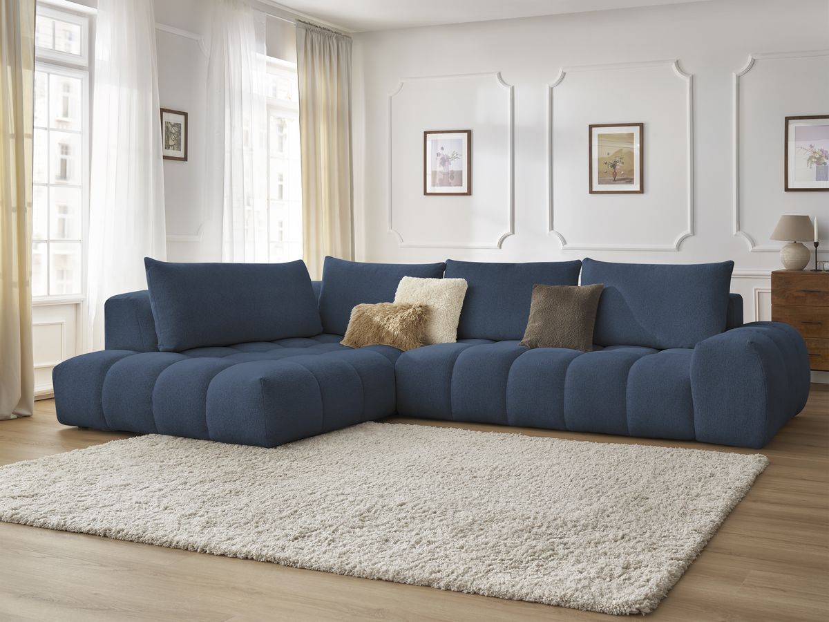 Bobochic Everest Ecksofa, 4 Kissen Melange-Stoff Dunkelblau Ecke links