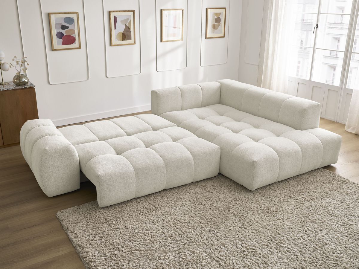 Bobochic Everest Ecksofa mit Schlaffunktion und Bettkasten 320 × 212 cm, 5 Kissen Melange-Stoff Weiß Ecke rechts
