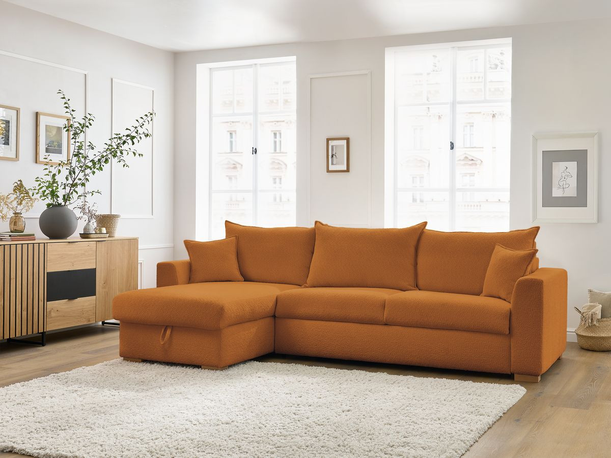Bobochic Augustin Ecksofa mit Schlaffunktion und Bettkasten Bouclé-Stoff Gelb, Liegefläche 160 × 200 cm