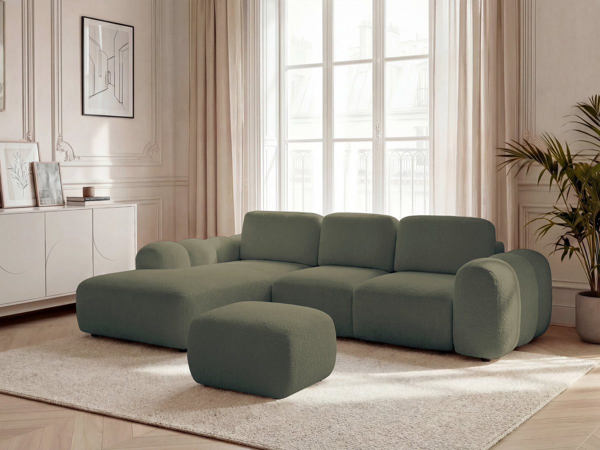 Bobochic Montaigne Ecksofa mit Schlaffunktion und Bettkasten und Pouf 288 × 196 cm Bouclé-Stoff Grün Ecke links