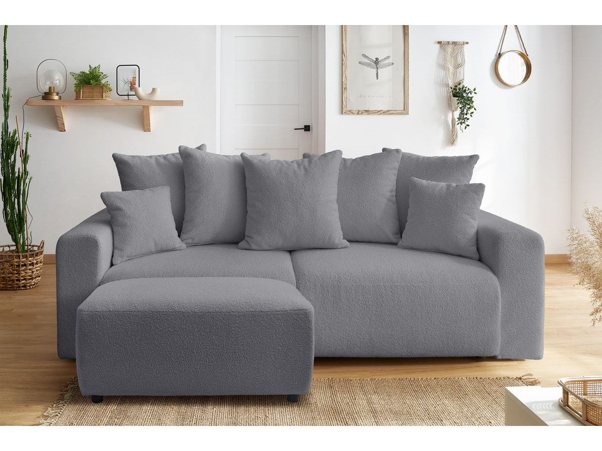 Bobochic Envy Schlafsofa 3-Sitzer mit Bettkasten und rechteckigem Pouf Bouclé-Stoff Dunkelgrau