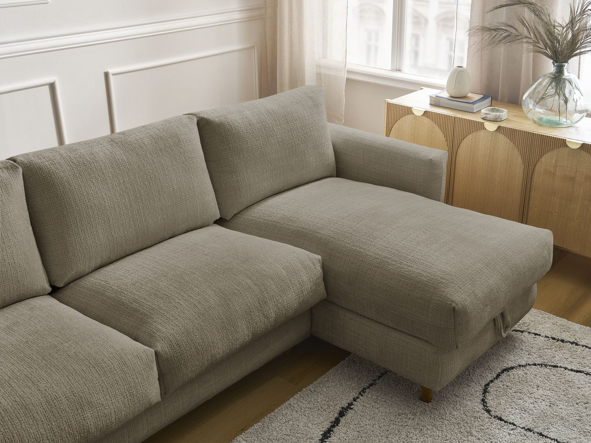 Bobochic Cocoone Ecksofa mit Schlaffunktion und Bettkasten Strukturstoff Taupe, Liegefläche 140 × 200 cm