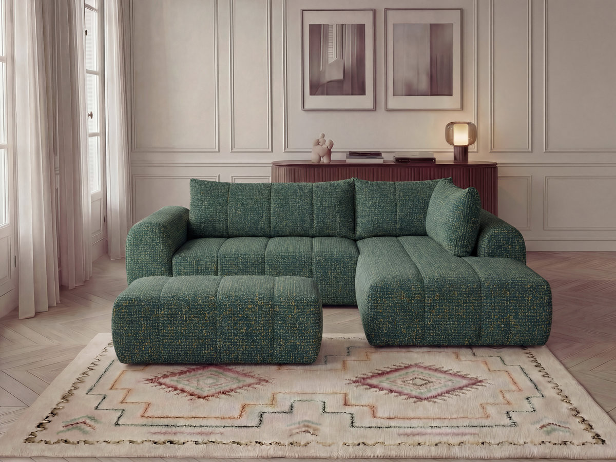 Bobochic Nesty Ecksofa in L-Form, 256 cm, mit Pouf Melange-Stoff Dunkelgrün Ecke rechts