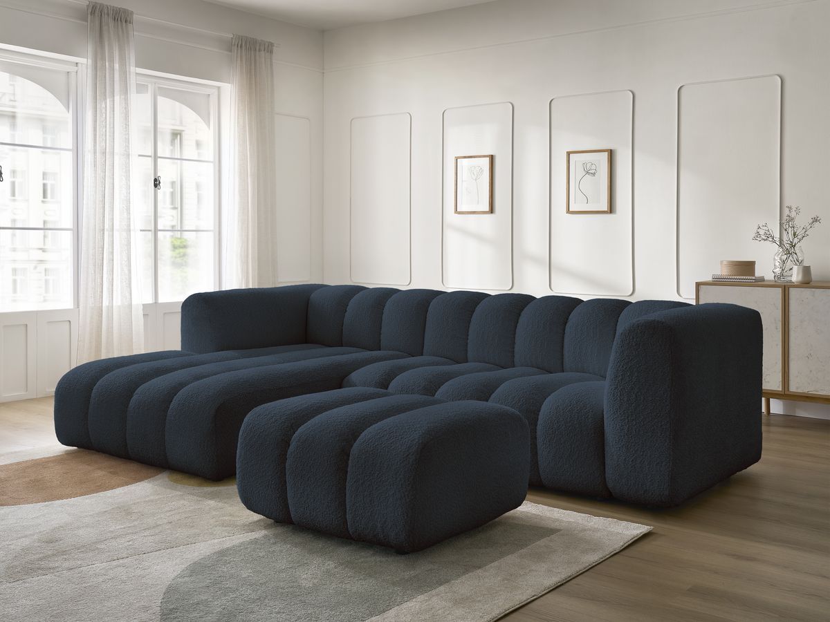 Bobochic Talia Ecksofa mit Pouf Bouclé-Stoff Dunkelblau Ecke links