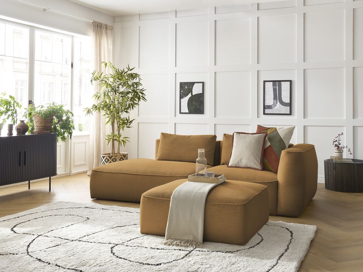 Bobochic Leopold Sofa 4-Sitzer mit Pouf Cordsamt Gelb Armlehne rechts
