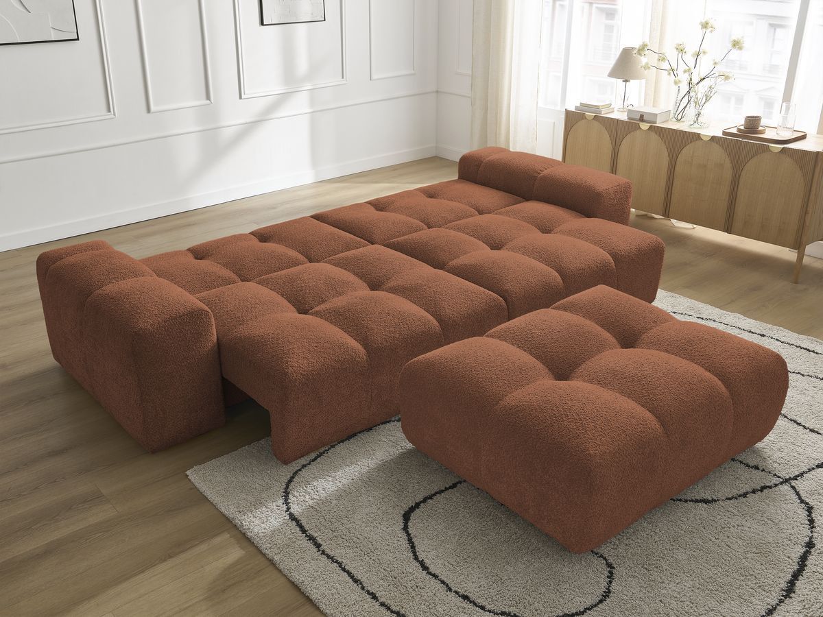 Bobochic Anakin Schlafsofa 3-Sitzer mit Bettkasten und Pouf, 6 Kissen Bouclé-Stoff Orange