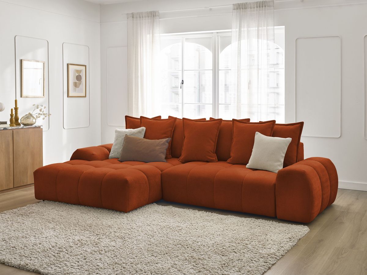 Bobochic Everest Ecksofa mit Schlaffunktion und Bettkasten 318 × 180 cm, 7 Kissen Strukturstoff Orange Ecke links