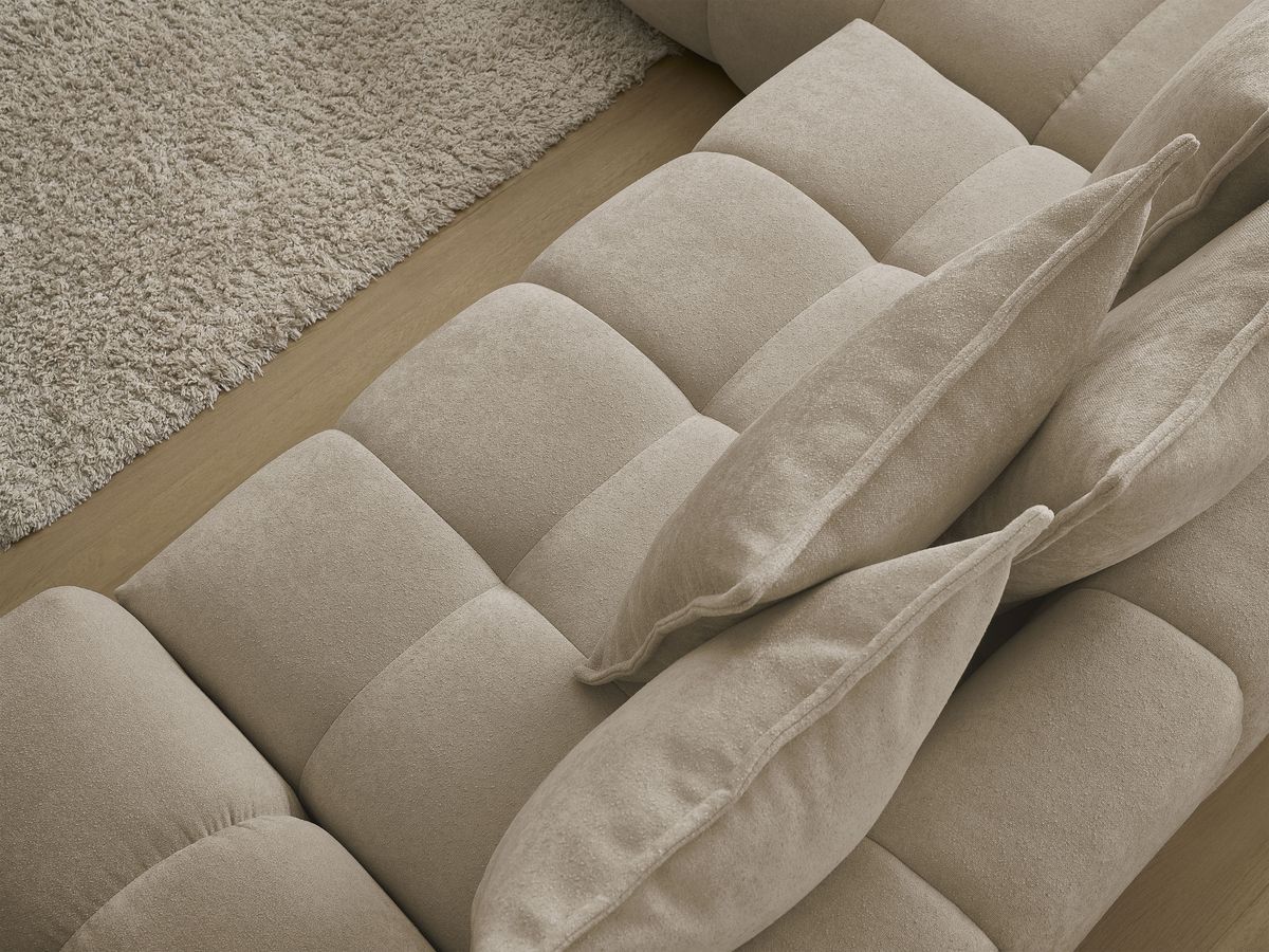 Bobochic Everest Ecksofa mit Schlaffunktion und Bettkasten 320 × 212 cm, 10 Kissen Strukturstoff Taupe Ecke links