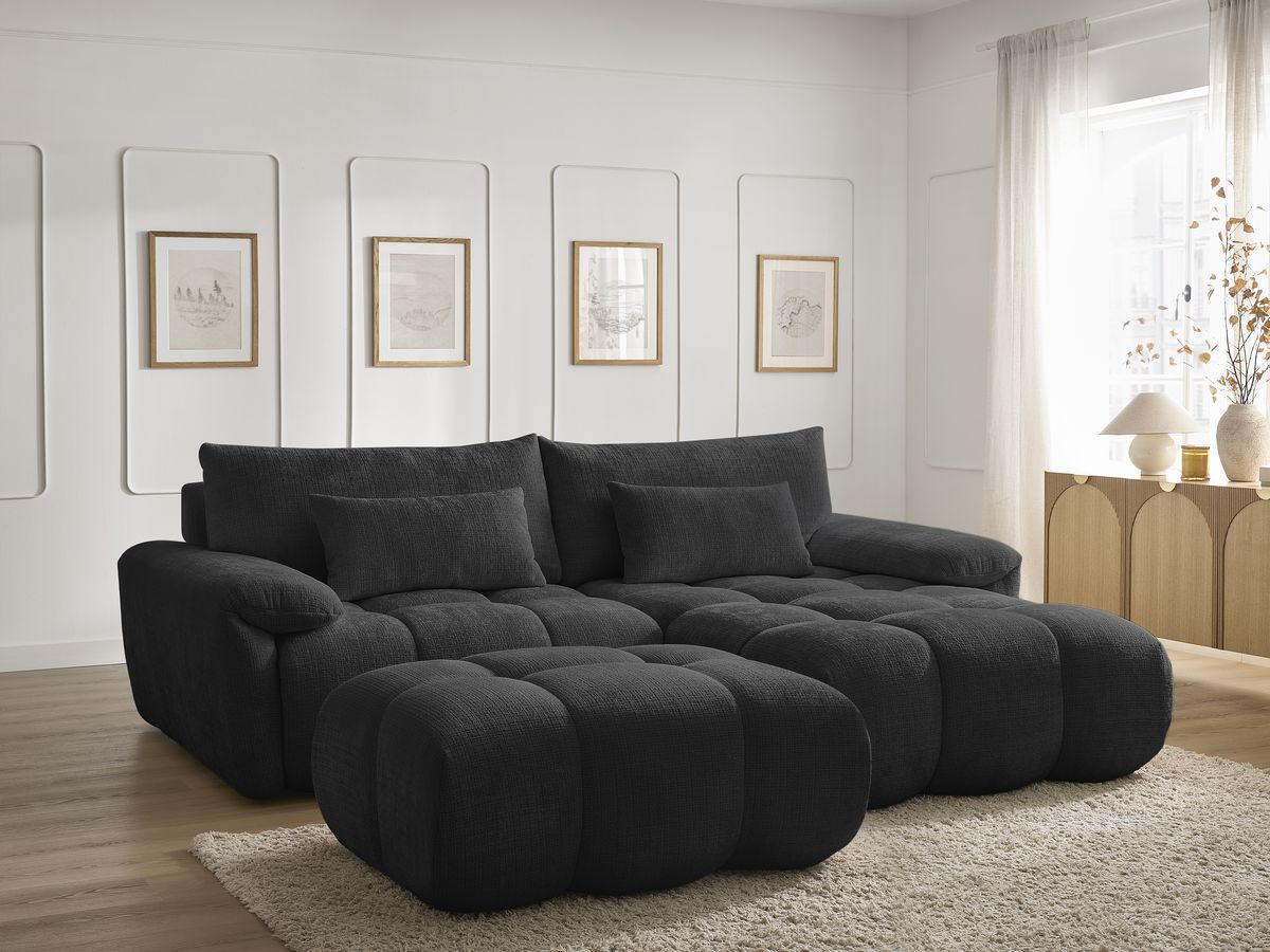 Bobochic Ivane Ecksofa mit Pouf Strukturstoff Schwarz Ecke rechts