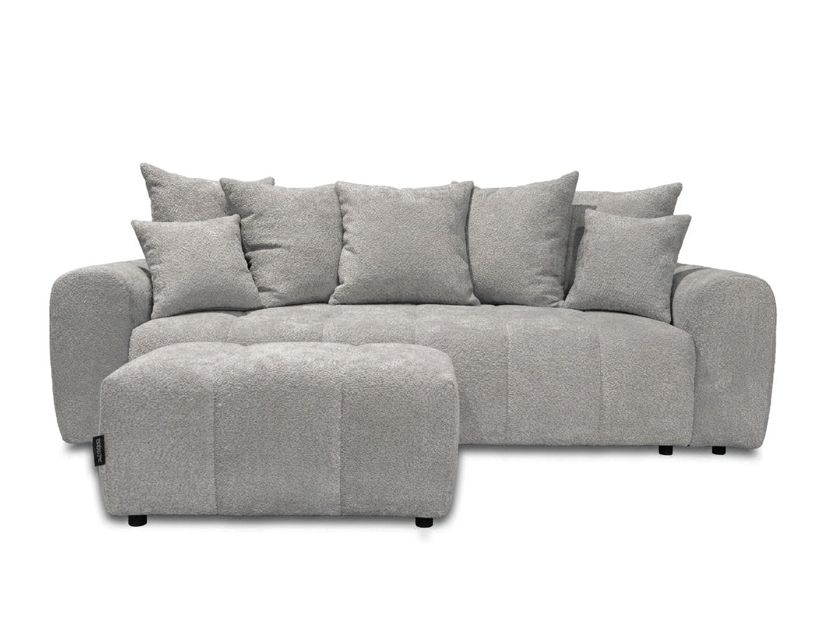 Bobochic Roxelane Schlafsofa 3-Sitzer mit Bettkasten und Pouf Bouclé-Stoff Hellgrau