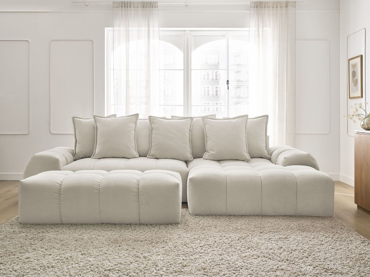 Bobochic Everest Ecksofa mit Schlaffunktion und Bettkasten und Pouf 318 × 180 cm, 7 Kissen Strukturstoff Beige Ecke rechts