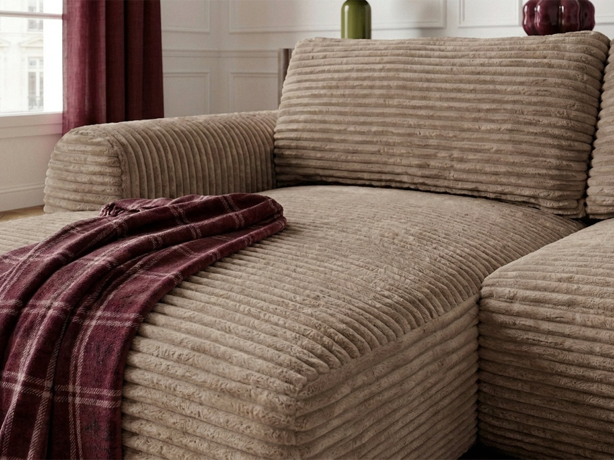 Bobochic Lucien Ecksofa mit Schlaffunktion und Bettkasten Breitcord weich Taupe Ecke links