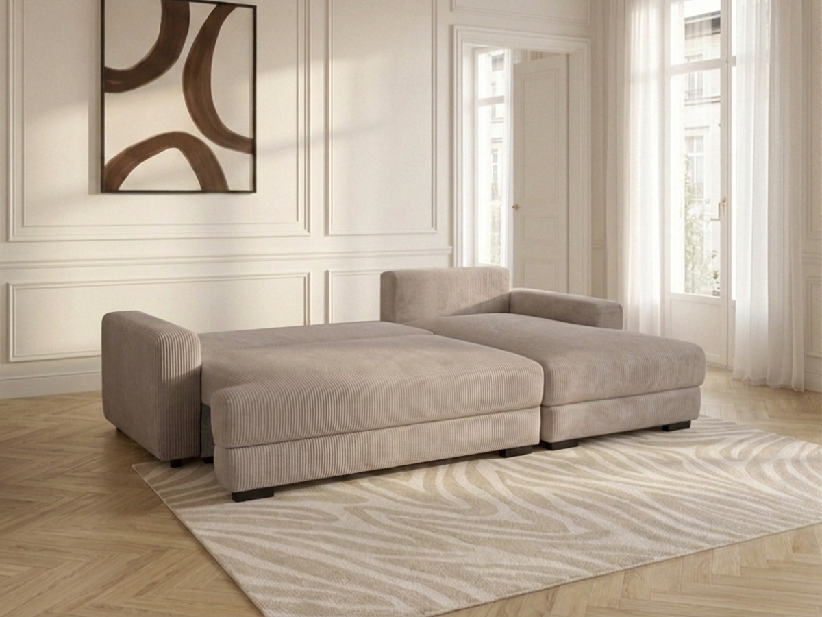 Bobochic Campi Ecksofa mit Schlaffunktion und Bettkasten Cordsamt Taupe Ecke rechts