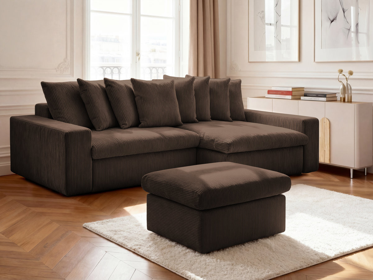 Bobochic Enore Ecksofa mit Pouf Cordsamt Braun Ecke rechts