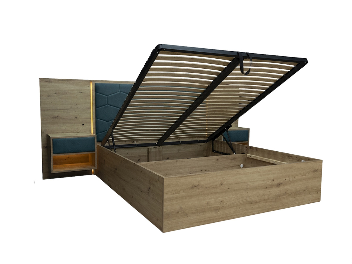 Bobochic Palmeraie Polsterbett mit Bettkasten Strukturstoff Blau, Liegefläche 160 × 200 cm