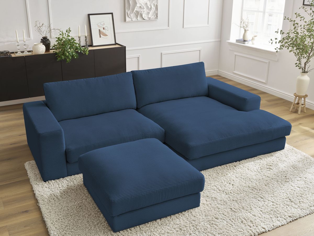 Bobochic Leonard Ecksofa mit Pouf 274 × 159 cm Cordsamt Dunkelblau Ecke rechts
